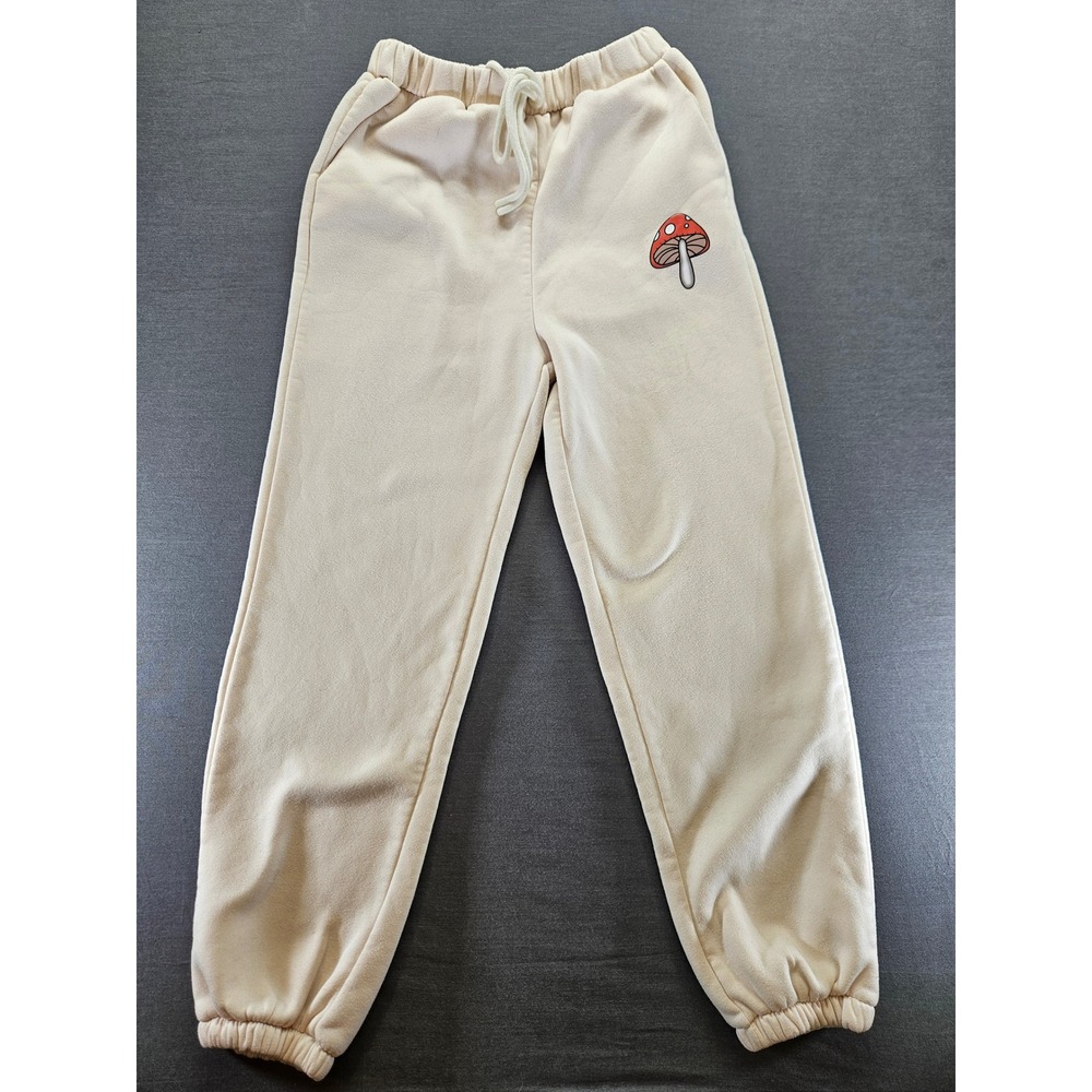 Romwe Womens Mushroom Graphic Sweatpants Cream Fleece Joggers Small